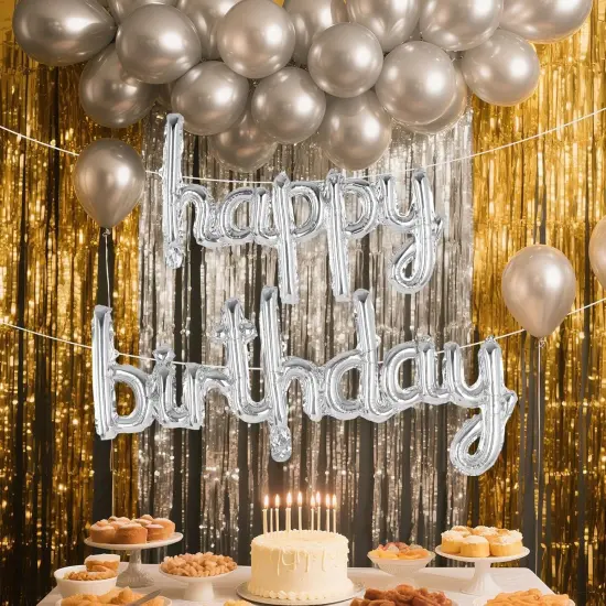 Happy Birthday Balloons Banner, Foil Letters Balloons (Silver) {2}
