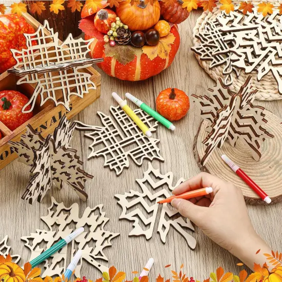 36 Pcs Fall Crafts Set 24 Maple Leaf Wood DIY Crafts Cutouts with 12 Colored {3}
