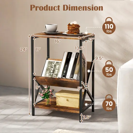 Costway Industrial Side Table 3-Tier Nightstand End Table with 2 Open Storage Shelves {3}