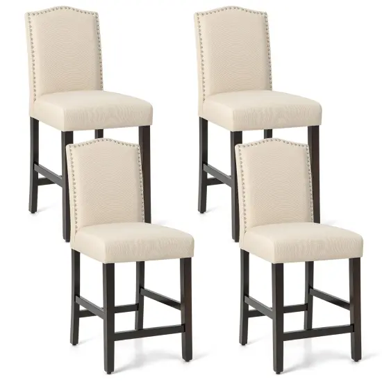 Costway Set of 4 Upholstered Bar stools 25'' Counter Height Chairs with Rubber Wood Legs Grey/Beige {7}