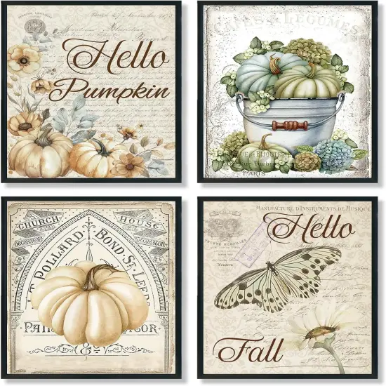 Hello Pumpkin Fall Wall Art Prints Set of 4 - Vintage Elegant Pumpkin {1}