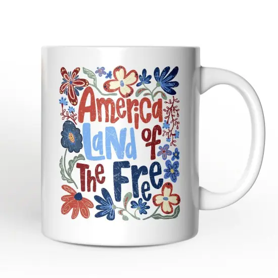America Land of the Free Mug, Retro Floral Independence Day Gift {1}