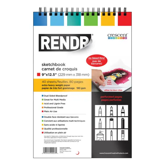 Rendr No Show Thru Wire Bound Perforated Sketchbook-9"X12.5"X, 40 Sheets {1}