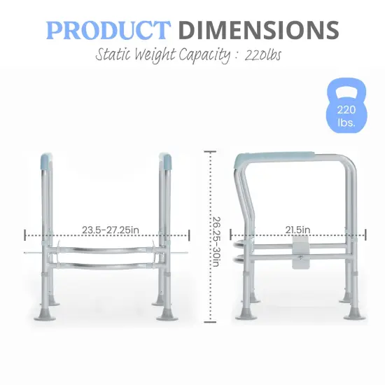 Emma and Oliver Ramsey Toilet Safety Rail for the Elderly with Height Adjustable Steel Frame, Padded Handles and Suction Cup Feet Silver/Gray {6}