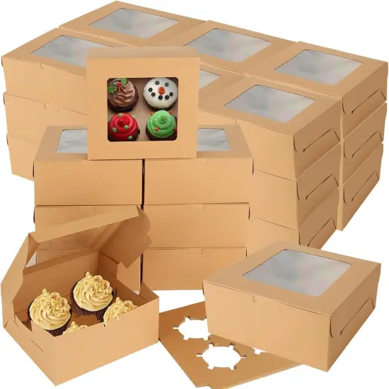 100 PCS Cupcake Boxes with Window 4 Count Cupcake Containers 6x6x3 Inch Brown Kraft Paper Cupcake Boxes Treat Boxes with Insert 4 Cavity for Muffins Cookies Cupcakes Macarons Donuts {1}