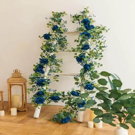 5.91FT Artificial Eucalyptus Greenery with Flowers, Fake Rose Gypsophila for Wedding Spring Home Party Decor (Blue, 1) {5}