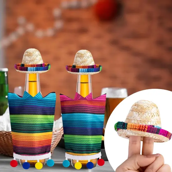 6 Set Mexico Mini Sombrero Hats and Beer Poncho, Cinco De Mayo Mini Sombrero and Serape with Tiny Balls, Mexican Style Bottle Covers for Carnival Themed Party Decorations {5}