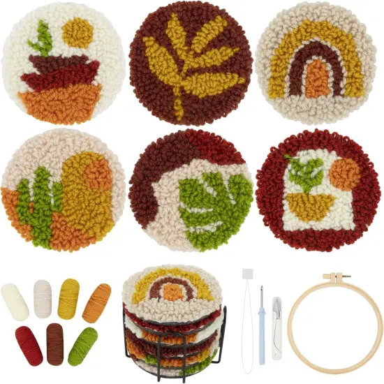Punch Needle Coasters Kit, Punch Needle Embroidery Kit for Beginners and Adults Including Patterns, Tools, Yarns, Hoop, Instruction, Coaster Holder Coaster Art Craft Supplies (Plants) {1}