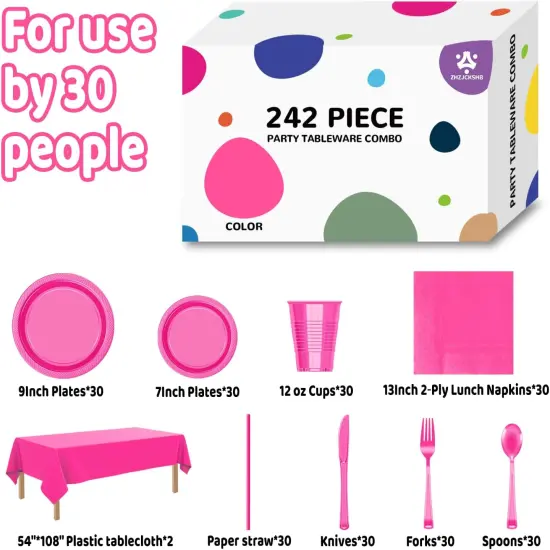242 Pcs Plastic Dinnerware Set Includes 30 Of Each 9" Dinner Plates |7" Dessert Plates|12 oz Plastic Cups | Napkins|Straws|Spoons, Forks & Knives (Hot Pink, 242PCS（30 Guests）) {3}