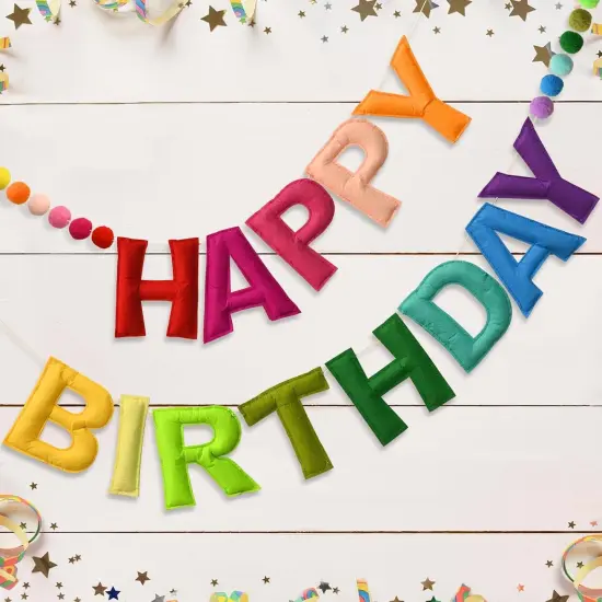 Happy Birthday Banner Felt Ball Garland Colorful Dainty Pre-Strung Rainbow Birthday Banner Reusable Happy Birthday Sign Photo Booth Props Primary Color Birthday Party Decoration for Kids Girls {1}