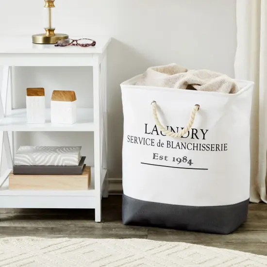 Canvas Laundry Basket with Handles for Bathroom, Bedroom (White and Gray, 60 L Capacity, 12x16x19.2 In) {2}