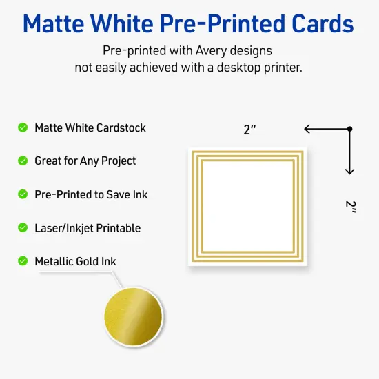 Avery Printable Square Cards, Gold Multi-Lined Border, 2" x 2", Matte White Square Cards, Laser/Inkjet, 120ct, Great for Business Cards {2}