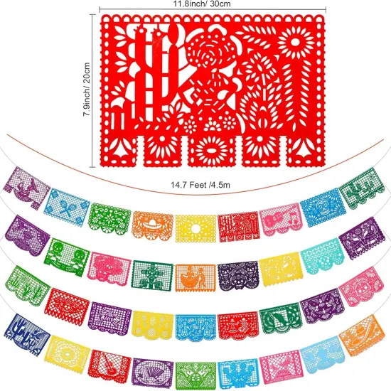 4pcs Mexican Fiesta Party Felt Banner(11.8 * 7.9 inch) Cinco de Mayo Fiesta Banner Dia De Los Muertos Day of The Dead Fiesta Papel Picado Hanging Banner Party Decorations 4 Different Designs {2}