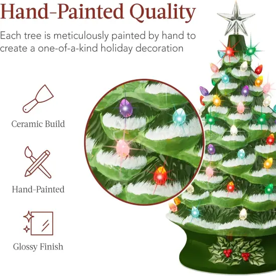 Ceramic Christmas Tree, Hand Painted Green Tabletop Tree with 74 Multicolor LED Bulbs & Star Topper Flocked/Green {2}