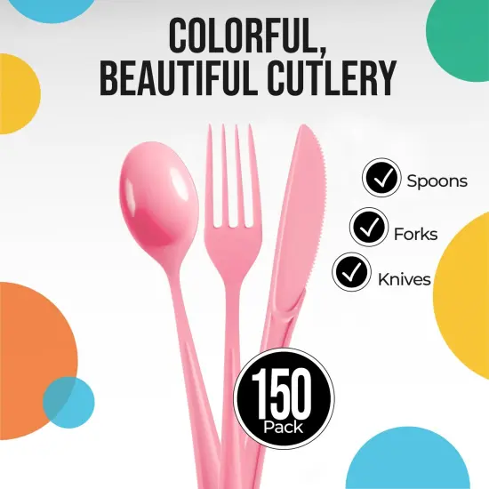 Exquisite Polished Plastic Silverware &ndash; 150 Pcs Heavy Duty Cutlery Set &ndash; 50 Each of Forks, Knives & Spoons &ndash; Disposable Utensil Set for Parties, Events & Catering &ndash; Flatware Set by Party Solids Pink {2}