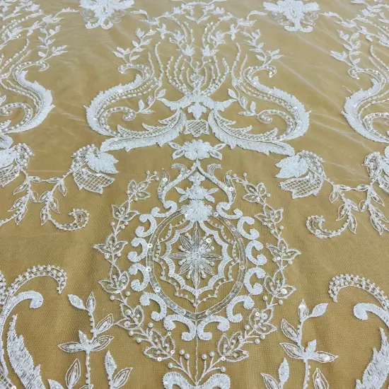1 Yard Beaded Lace Fabric Embroidered on 100% Polyester Net Mesh, 51" Wide, Premium Lace Fabric for Dresses & Crafts Ivory {3}