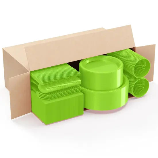 Exquisite 350 Pcs Plastic Plates for Party &ndash; Disposable Plates Set &ndash; 50 Each of 9" Dinner Plates, 7" Dessert Plates, Plastic Cups, Napkins & Plastic Cutlery &ndash; Plastic Dinnerware by Party Solids Lime {3}