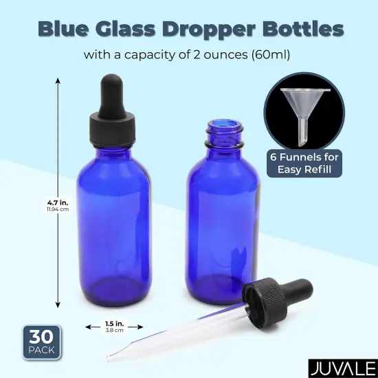 30 Pack 2 Oz Blue Glass Eye Dropper Bottles with 6 Funnels for Essential Oils, Travel Aromatherapy Perfume, Liquid Cosmetics (36 Pieces) {5}