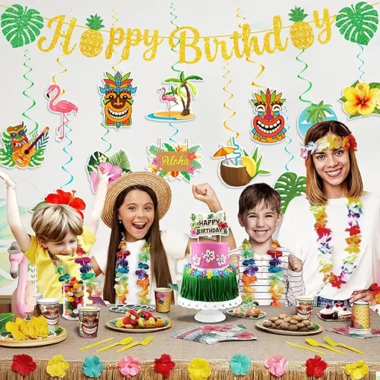 Hawaiian Happy Birthday Banner,Luau Birthday Party Decorations Aloha Summer Beach Themed Glittery Flower Garland Tiki Flamingo Pineapple Palm Leaves Tropical Party Decorations for Birthday Decor {2}