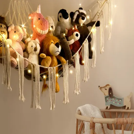 Stuffed Animal Hammock Corner Storage with LED Light - Toy Hammock Large Plushie Net - Stuffed Animal Holder Hanging Organizer - Teddy Bear Hammock Room Decorations Preppy Toddler Kids Room Decor {5}