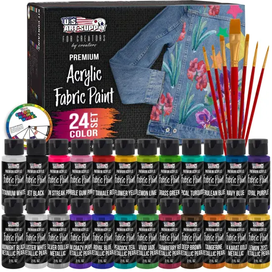 24 Color Permanent Acrylic Fabric Paint Set, 2oz, with 7 Brushes - Textile Paints for Clothes, Denim, Canvas, Upholstery & Furniture - Permanent Fabric Paints {1}