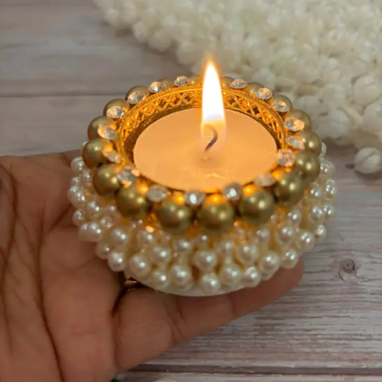 4 Pcs Pearl Tealight Candle Holder Festival of Light Decorative T-light Holder for Diwali Navratri Christmas Thanksgiving Housewarming Gift Candle Stand for Centerpiece Table Home Decor {5}