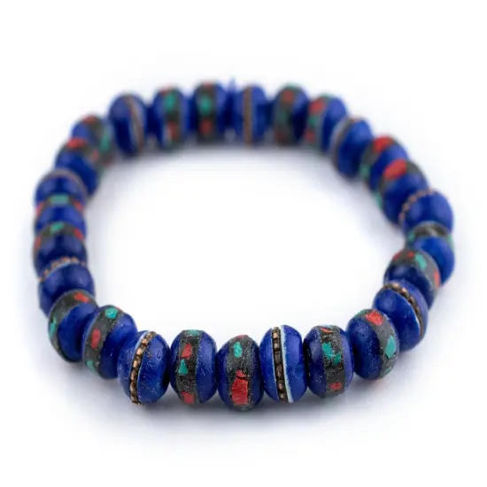 The Bead Chest Mala Stretch Bracelet, Cobalt Blue - Stackable Nepal Bone Inlaid with Turquoise & Coral Colors, 100% Authentic and Genuine {1}