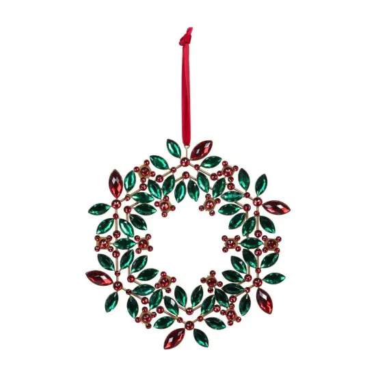 9.5" Jeweled Holly Wreath Ornament: Red/Green {1}