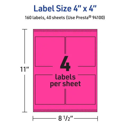 Avery Neon Magenta Paper Labels, 4" x 4" Square {5}