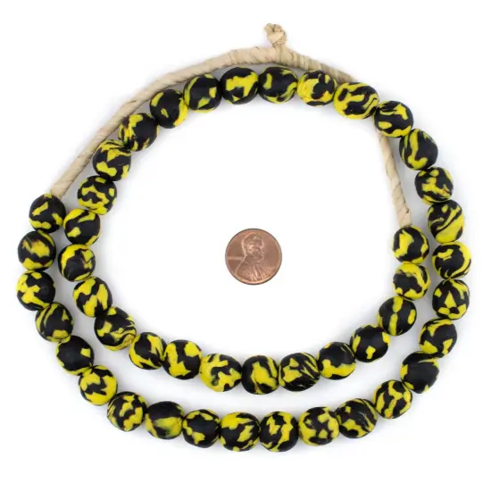 The Bead Chest Black & Yellow Fused Recycled Glass Beads 14mm Ghana African Multicolor Round Large Hole 30 Inch Strand Handmade Fair Trade {2}