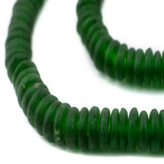 The Bead Chest African Disk Recycled Glass Beads - Full Strand of Eco-Friendly Ghanaian Rondelle Beads (Green) {1}