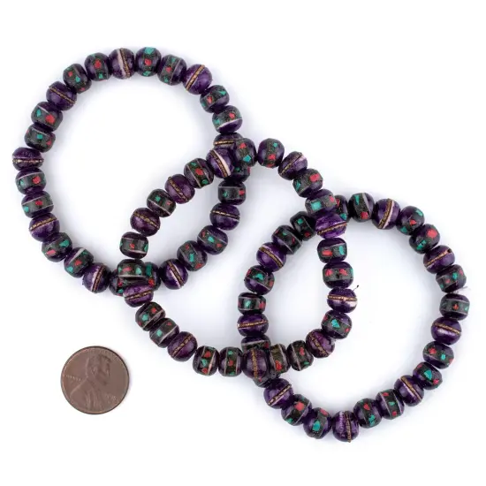 The Bead Chest Mala Stretch Bracelet, Purple - Stackable Nepal Bone Inlaid with Turquoise & Coral Colors, 100% Authentic and Genuine {2}