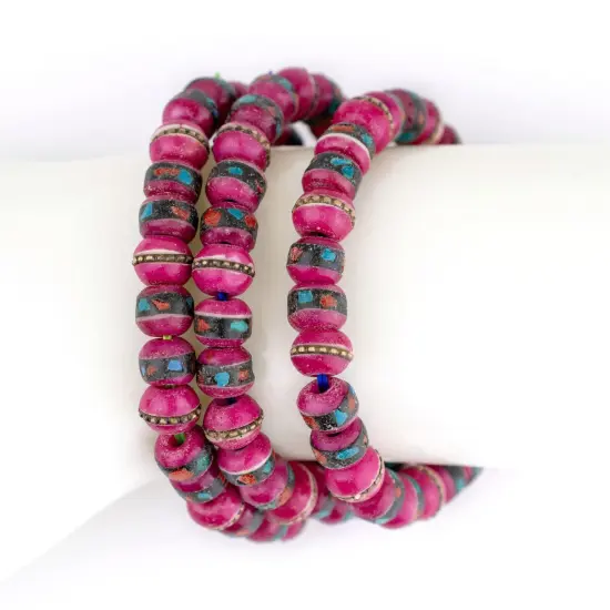 The Bead Chest Mala Stretch Bracelet, Pink - Stackable Nepal Bone Inlaid with Turquoise & Coral Colors, 100% Authentic and Genuine {4}