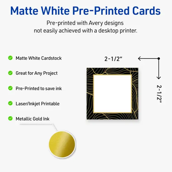 Avery Printable Square Business Cards with Sure Feed Technology, Pre-Printed Black Border with Gold Pattern, Matte White, 2.5" x 2.5", Laser & Inkjet Compatible, 90 Total {2}