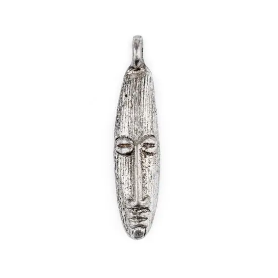The Bead Chest Elongated Silver Mask Pendant from Africa (9x40mm): Genuine West African Mask Design for DIY Jewelry & Necklaces {1}