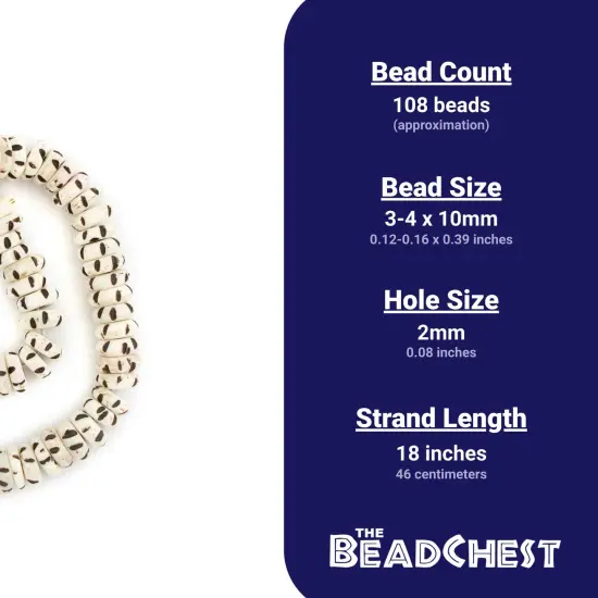 The Bead Chest White Carved Disk Bone Beads 10mm Nepal Black and White Large Hole 18 Inch Strand {5}