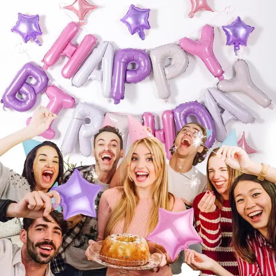 Birthday Banner, 3D Mylar Foil Happy Birthday Balloons, 26pcs Birthday Party Decorations with 8pcs Star Balloons {6}