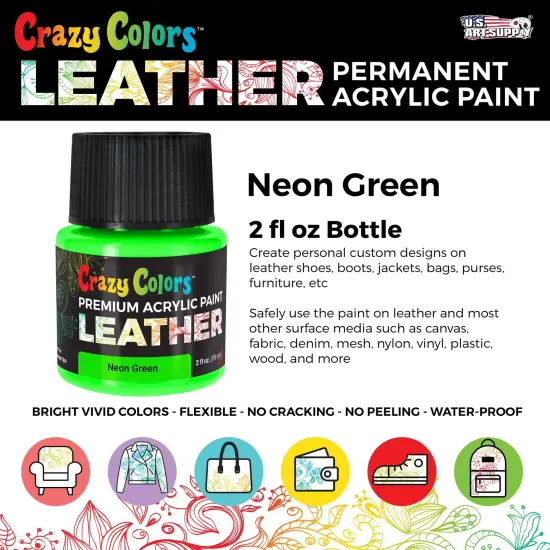 Neon Green Premium Acrylic Leather and Shoe Paint, 2 oz Bottle - Flexible, Crack, Scratch, Peel Resistant - Artist Create Custom Sneakers, Jackets, Bags, Purses, Furniture Artwork {2}