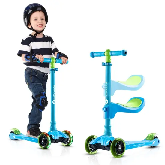 LaScoota 2-in-1 Kids Kick Scooter, Adjustable Height Handlebars and Removable Seat, 3 LED Lighted Wheels and Anti-Slip Deck for Boys & Girls Aged 3-14 & up to 100 Lbs. Gift-Ready Mini Scooter Toddler Blue {2}