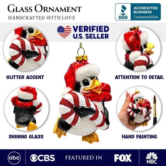 Penguin with Candy Glass Christmas Ornament, Arctic Bird Classic Tree Decoration {3}