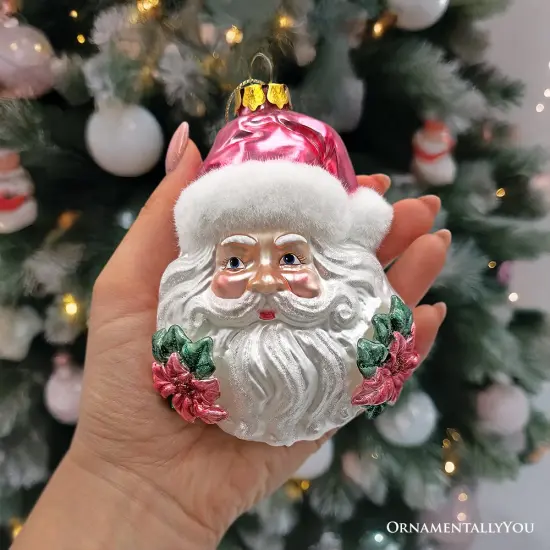 Enchanting Pink Santa Head Glass Ornament, Vintage Christmas Tree Decor {4}