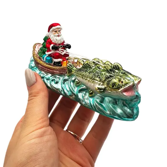 Santa's Fishing Adventure Glass Christmas Ornament, Holiday Angler Fish in Sleigh {4}