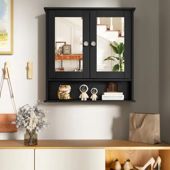 Wall Cabinet with Double Mirror Doors Adjustable Shelf Storage for Bathroom and Bedroom Black {7}
