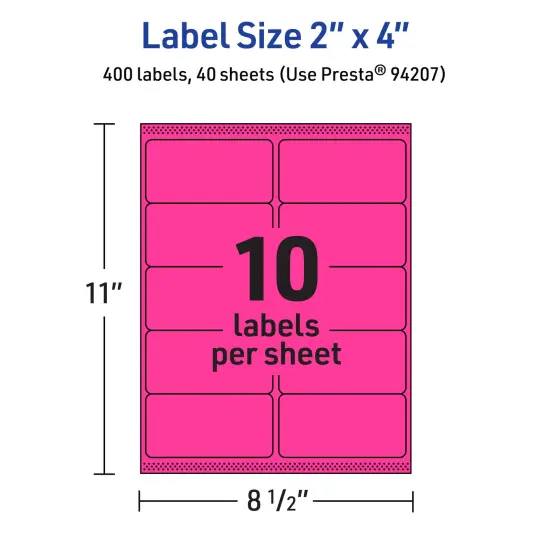 Avery Neon Magenta Paper Labels, 2" x 4" Rectangle {5}