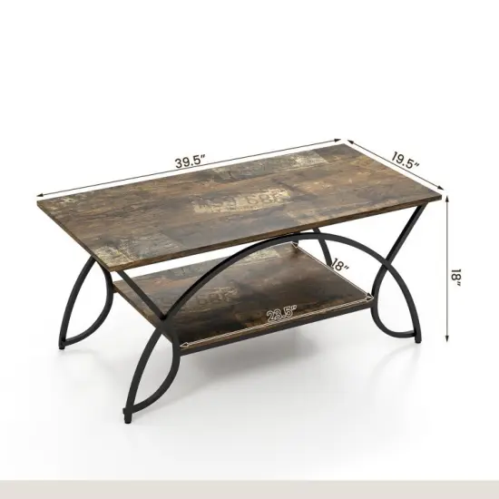 Rustic Brown Wooden 2-Tier Coffee Table with Storage Shelf and Steel Frame for Living Room {2}