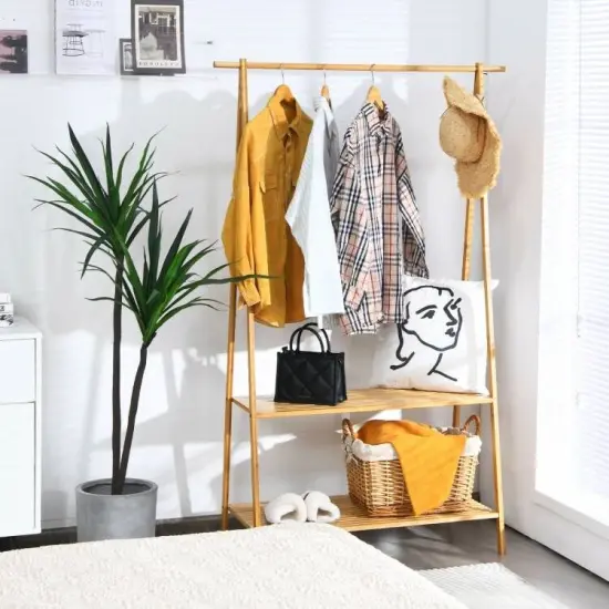Natural Wicker Garment Rack with Shelves and Hanging Rod for Small Spaces {2}