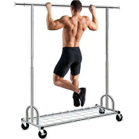 Silver Chrome Metal Garment Rack with Adjustable Rod, 3 Shelves and Lockable Casters {5}