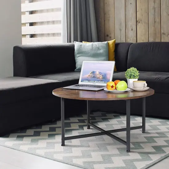Modern 31.5" Round MDF Wood Coffee Table with Adjustable Feet and Metal Frame for Living Room {3}