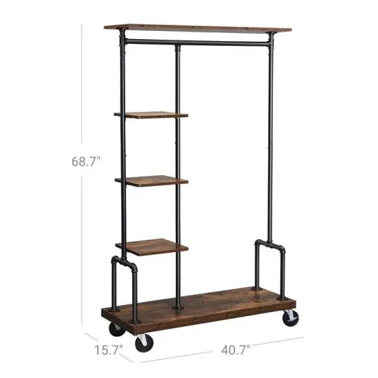 Rustic Brown Industrial Metal Pipe Clothes Rack with Wood Shelves and Locking Wheels {3}
