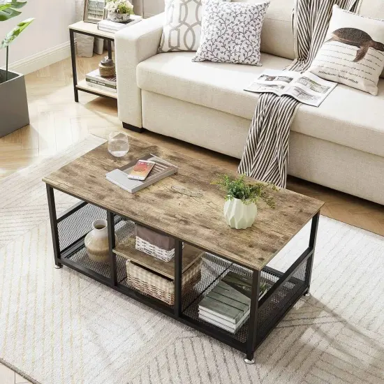 Modern 3-Tier Grey Coffee Table with Metal Frame and Bottom Storage Shelves for Living Room or Office {4}